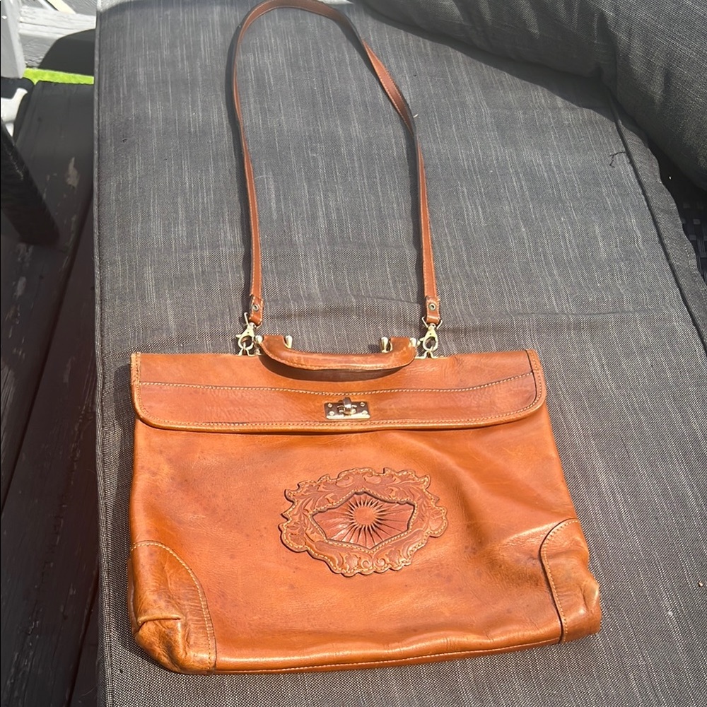 Tan Leather Shoulder Bag with Turnlock Closure